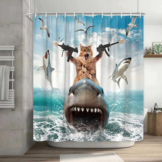Rideau de douche chat badass avec requins