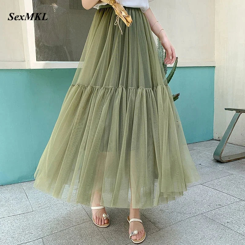 jupe vert olive tulle transparent plissée moderne femme mi mollet