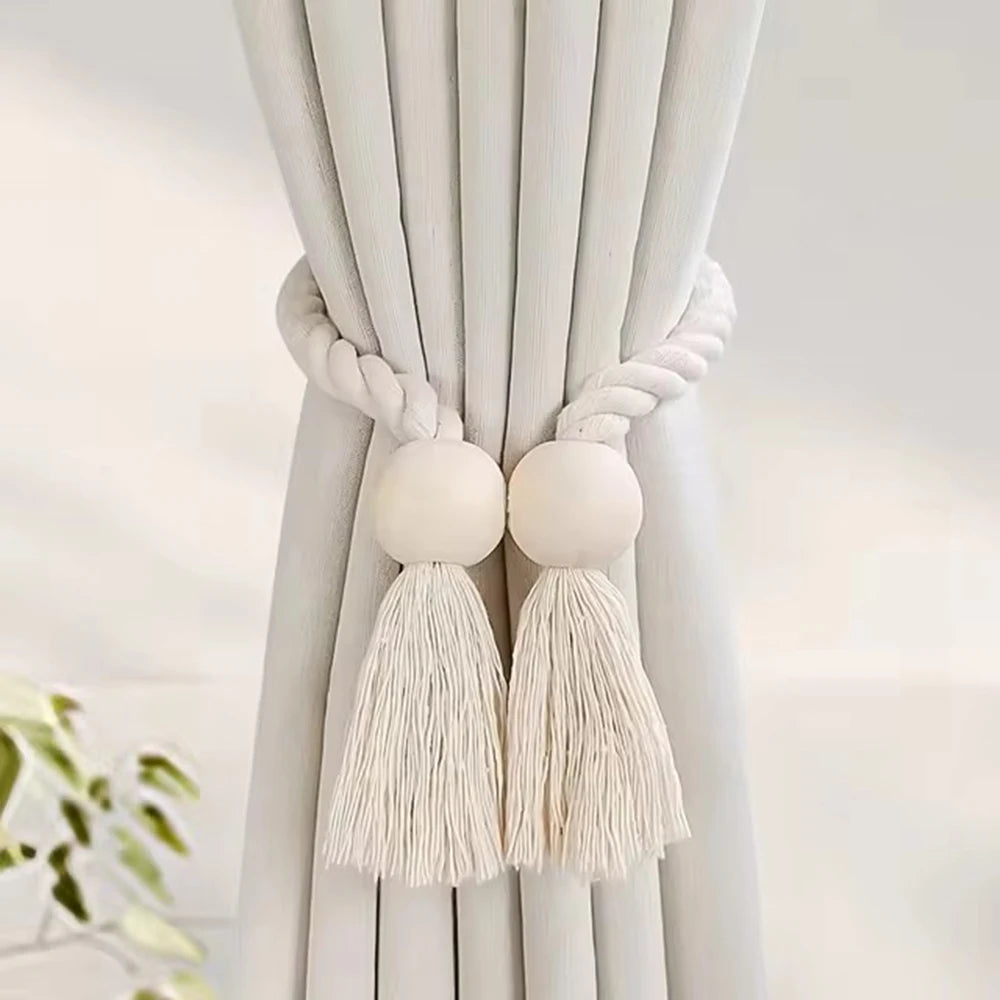 boucle rideau boho bois franges simples coton beige blanc moderne maison
