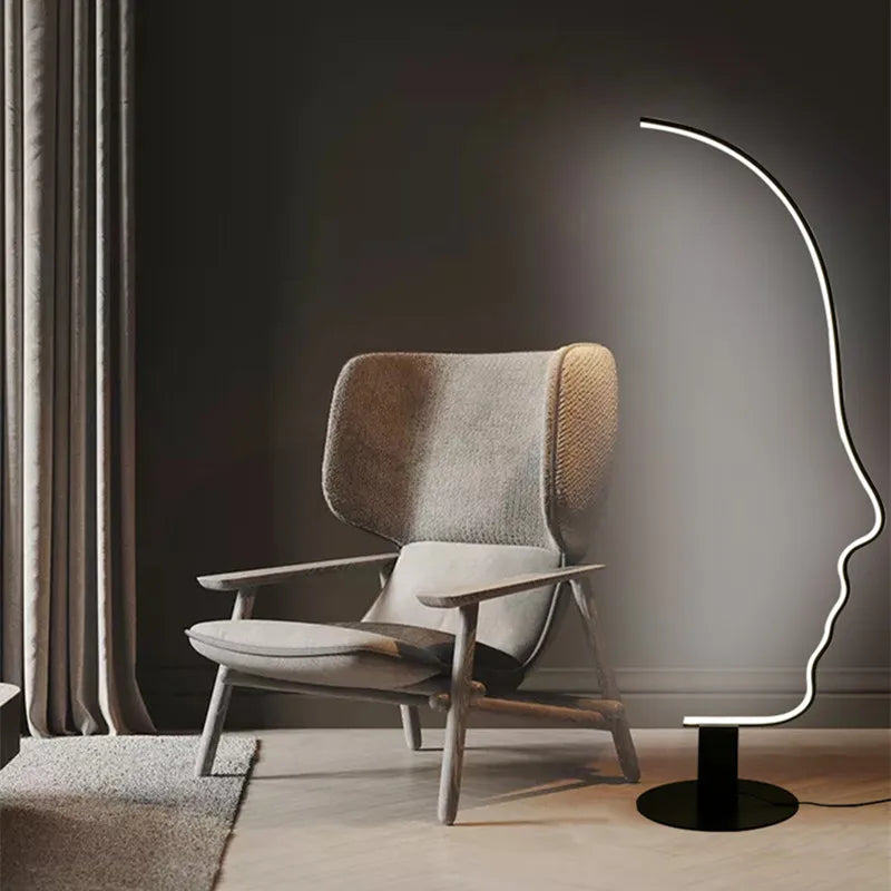 lampe sol silhouette visage humain blanc noir contemporain minimaliste interrupteur bouton aluminium