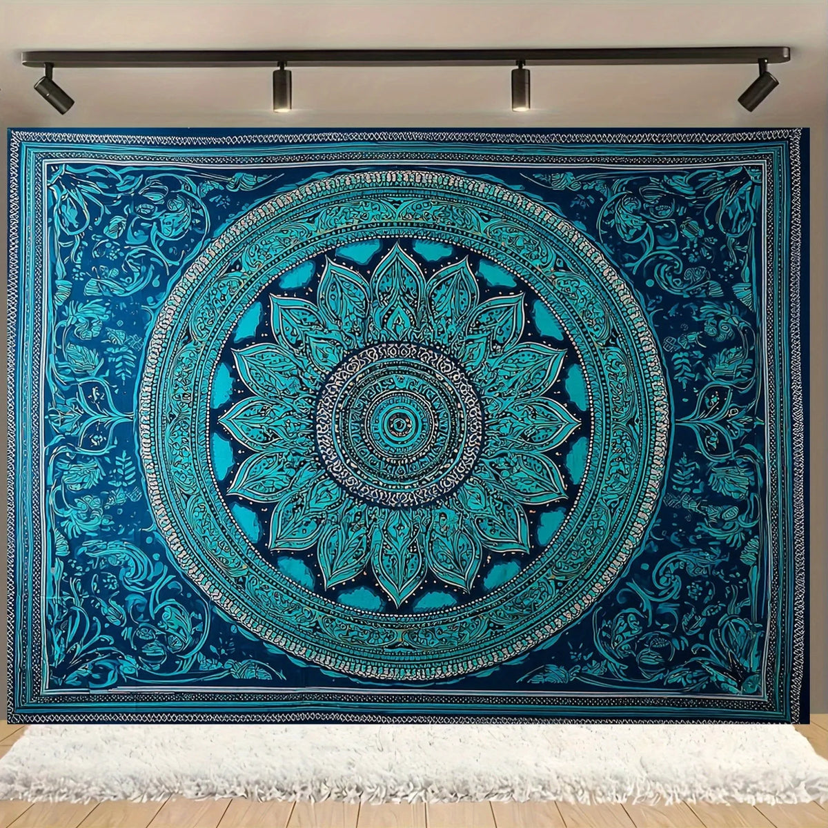 tapisserie boho mandala florale détaillée bleu turquoise ethnique fixations crochets large