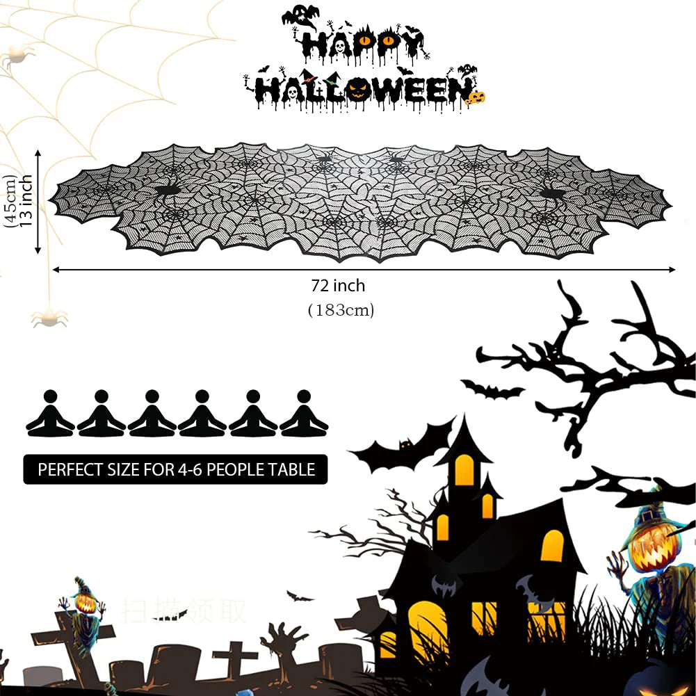 nappe décorative halloween toile d'araignée citrouilles squelettes chauves souris festif table noire orange
