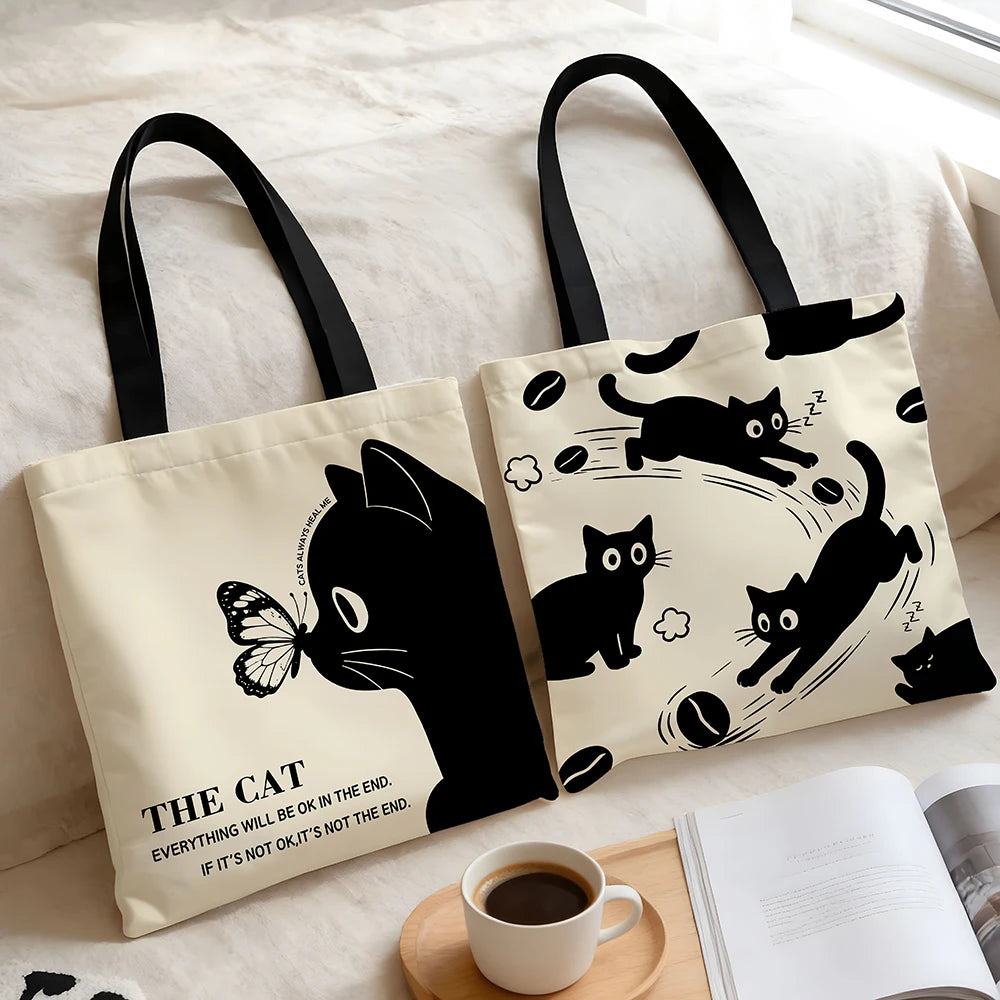 sac cabas toile motif chats noirs tasses décontracté graphique anses longues fourre tout polyestère