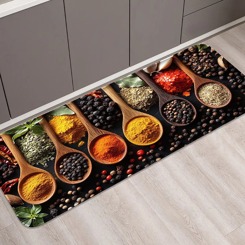 tapis cuisine noir blanc motif cuillères épices moderne intérieur antidérapant polyester flanelle 60x90cm