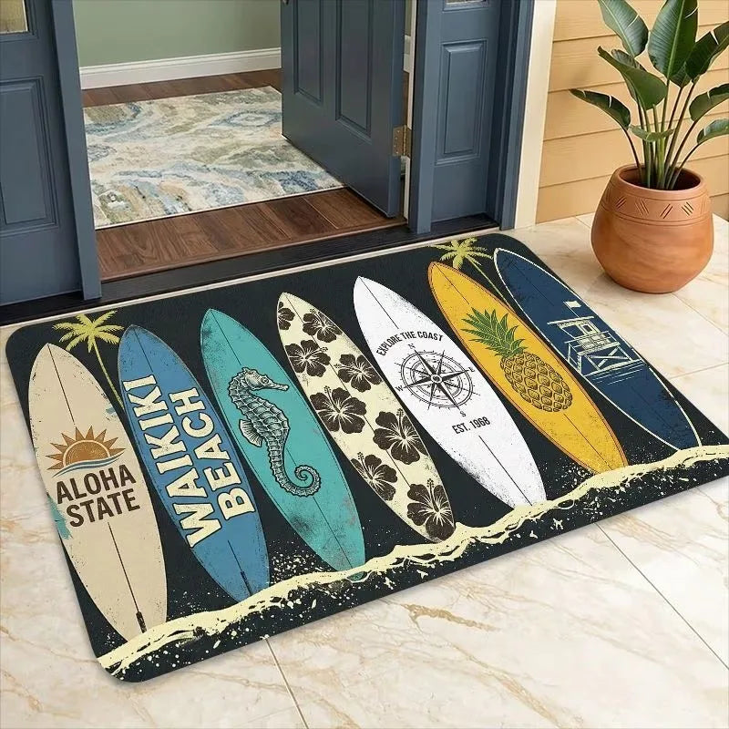 tapis extérieur moderne vintage surf bleu orange motif hippocampe ananas plage