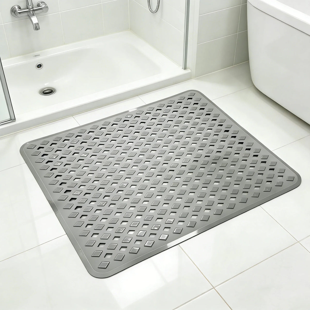 tapis douche antidérapant moderne gris perfo alvéoles adhésifs drainage salle bain