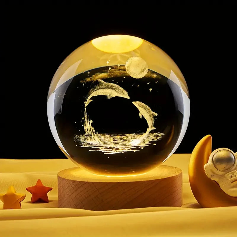 boule cristal transparente dauphins 3d étoiles veilleuse art deco décoration intérieure chambre lumière dorée