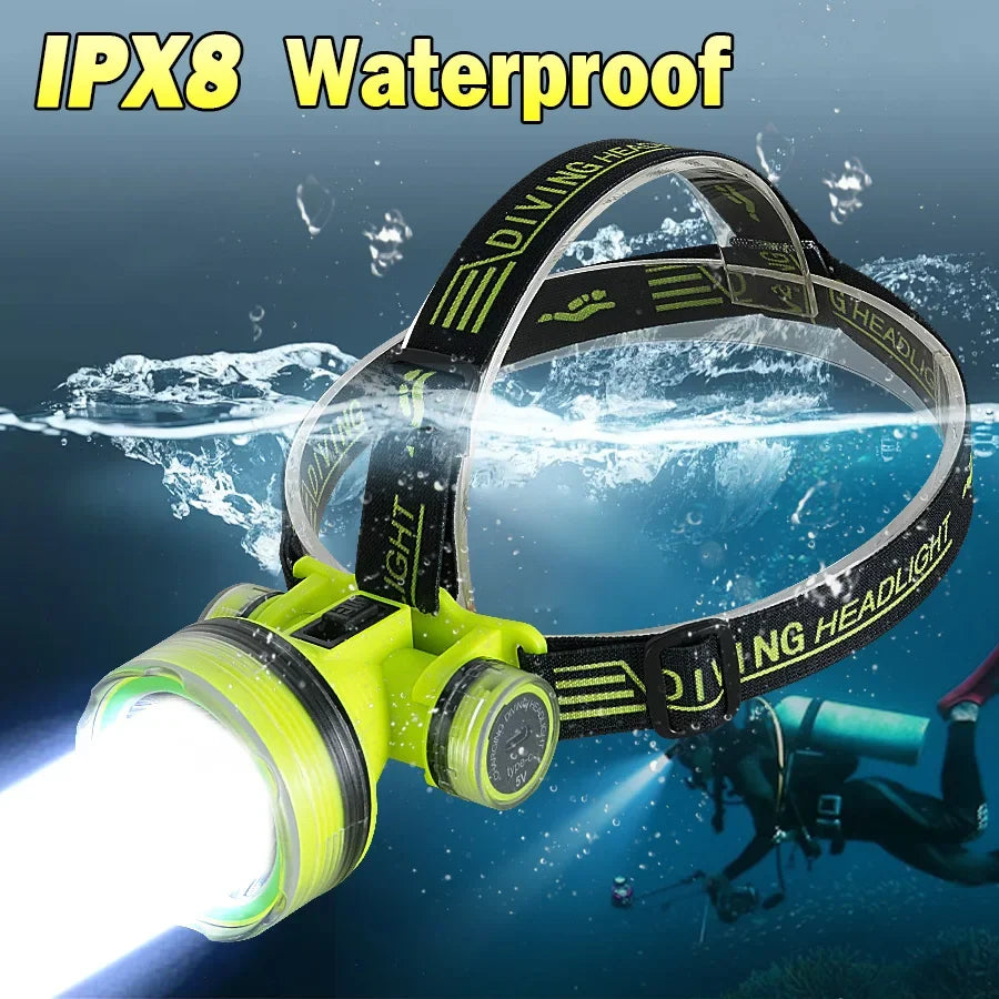 lampe frontale plongée sous marine led vert noir étanche ipx8 rechargeable 180deg