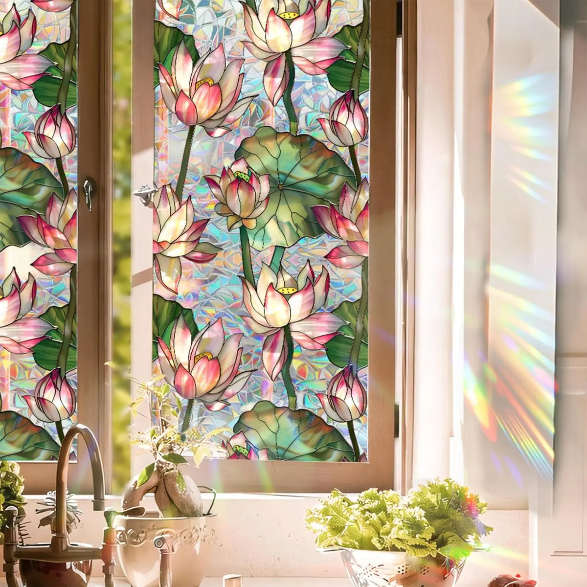 film fenêtre décoratif fleurs lotus multicolore protection uv isolation thermique facile installer