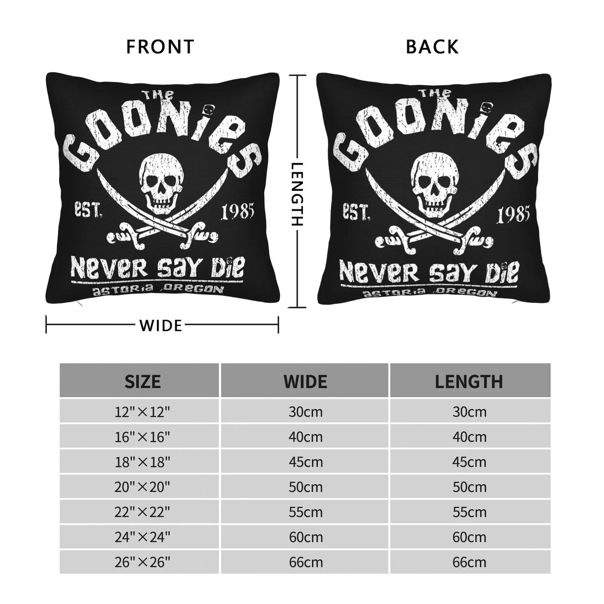 taie d'oreiller crâne goonies sabres vintage noir zip invisible 18x18in polyester lit