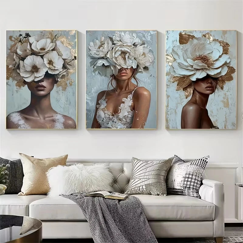 tableaux decoratifs portraits feminins fleurs texturés contemporains sans cadre trois pieces