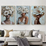 tableaux decoratifs portraits feminins fleurs texturés contemporains sans cadre trois pieces