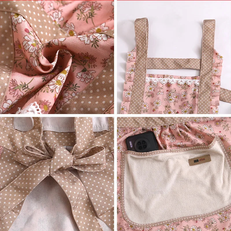 tablier cuisine lin fleurs poches franges dentelle vintage rose pâle bleu clair blanc erotique