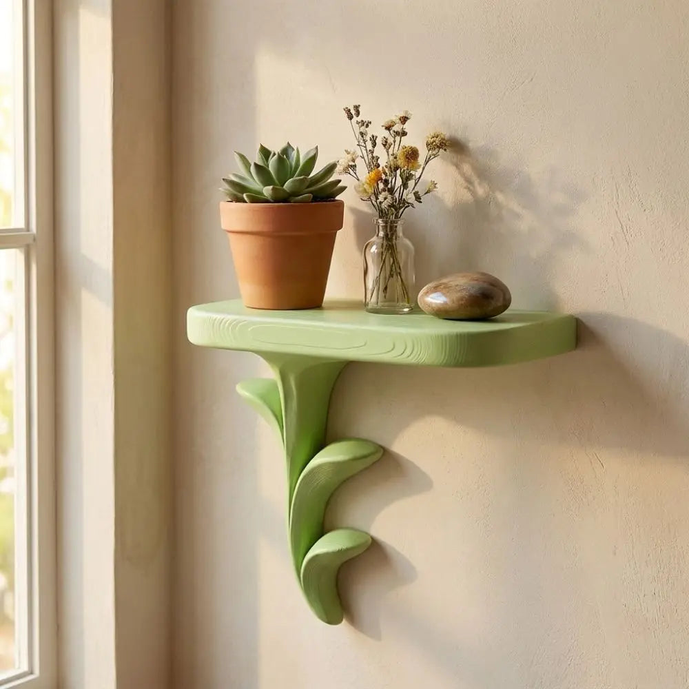 étagère murale flottante motif floral vert clair moderne plantes succulentes sculptures photos vases petits