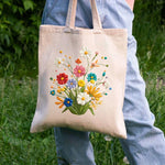 sac main toile fleurs colorées beige respectueux environnement réutilisable poignées tissu motifs imprimés multi