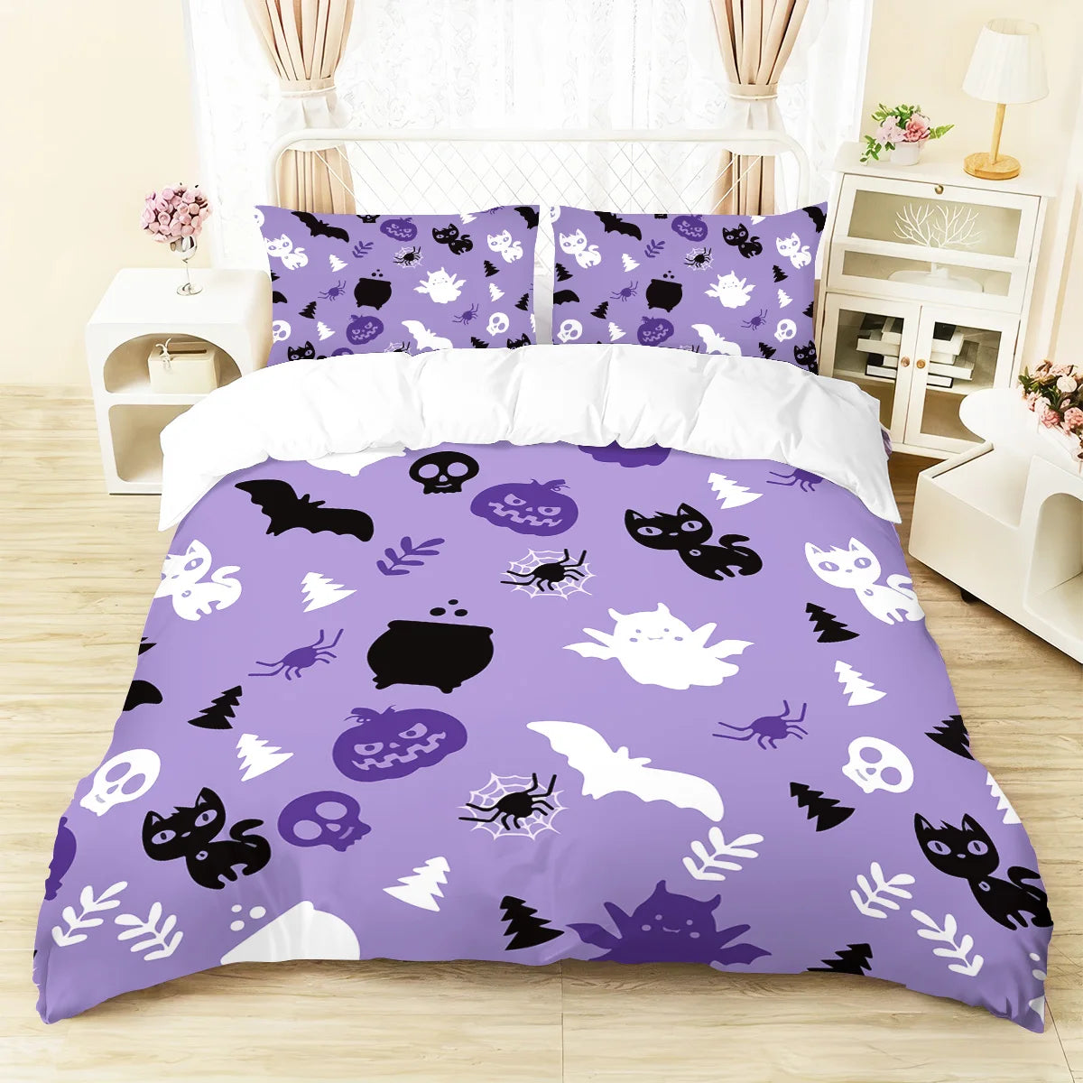 housse couette impression 3d halloween citrouilles chats noirs drap plat violet noir blanc