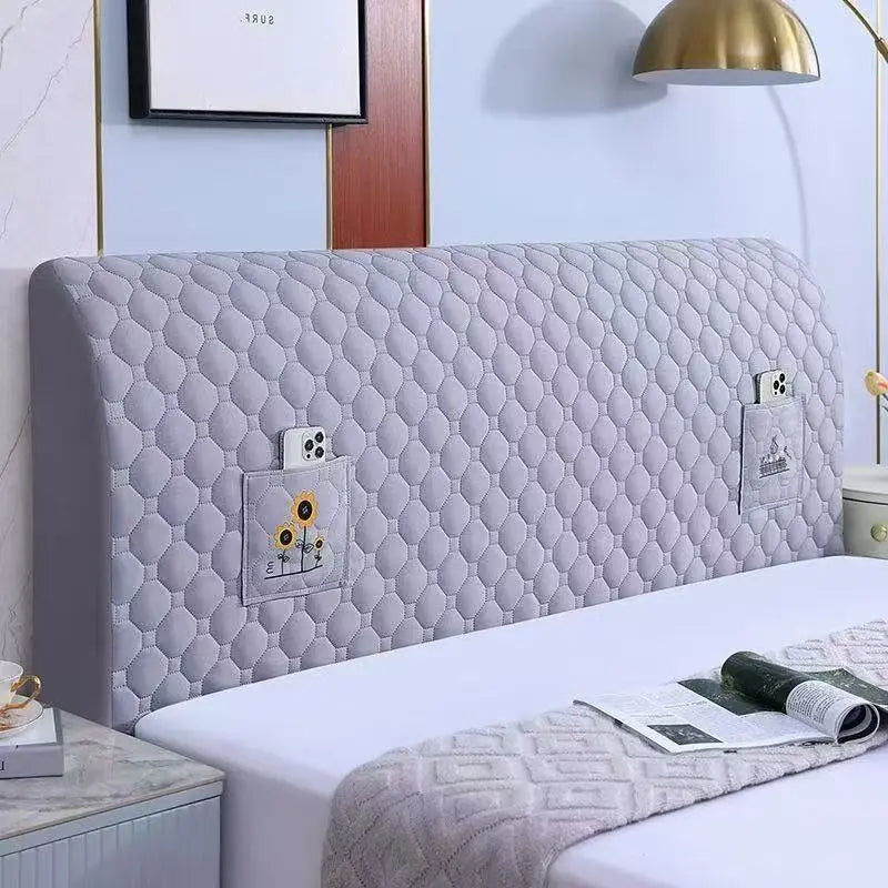 protège tête lit gris clair moderne poche rangement adhésif texture géométrique