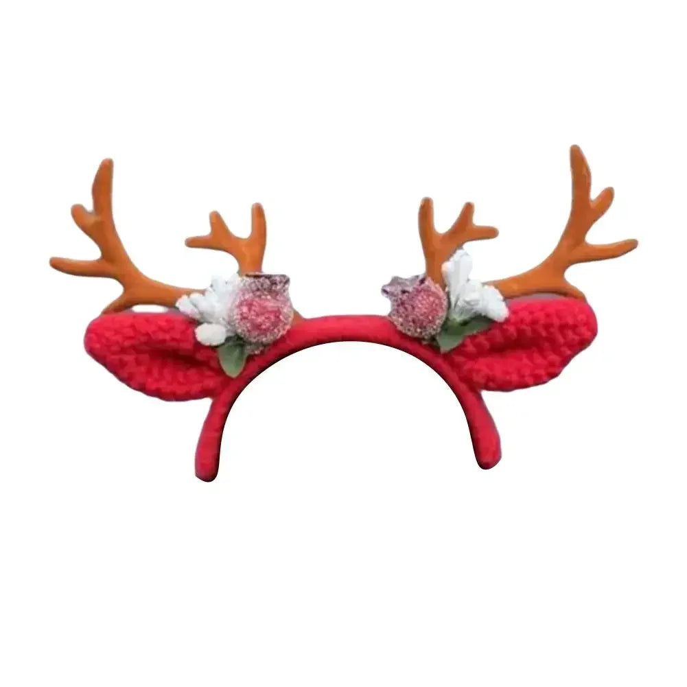 couronne cerf rouge marron blanche peluche crochetée festive élastique pompons fleurs artificielles