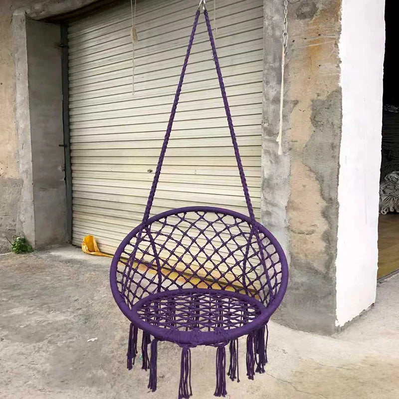 fauteuil suspendu macramé tissé motifs géométriques franges boho chic blanc beige noir rose bleu