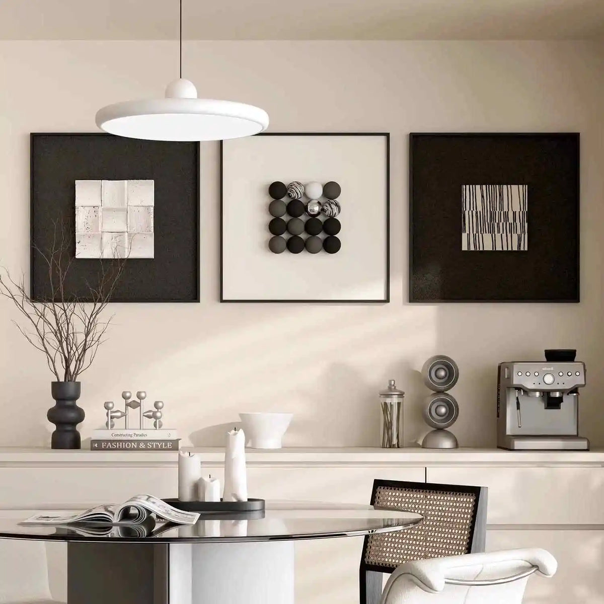 tableau mural cadre noir motif géométrique minimaliste décoration salon chambre moderne blanc noir