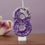 bougies anniversaire chiffres violet paillettes décoratives brillantes gâteau princesse festive