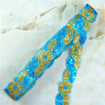 ruban décoratif dentelle sequins fleurs 4cm bleu vert rouge rose or argent partie
