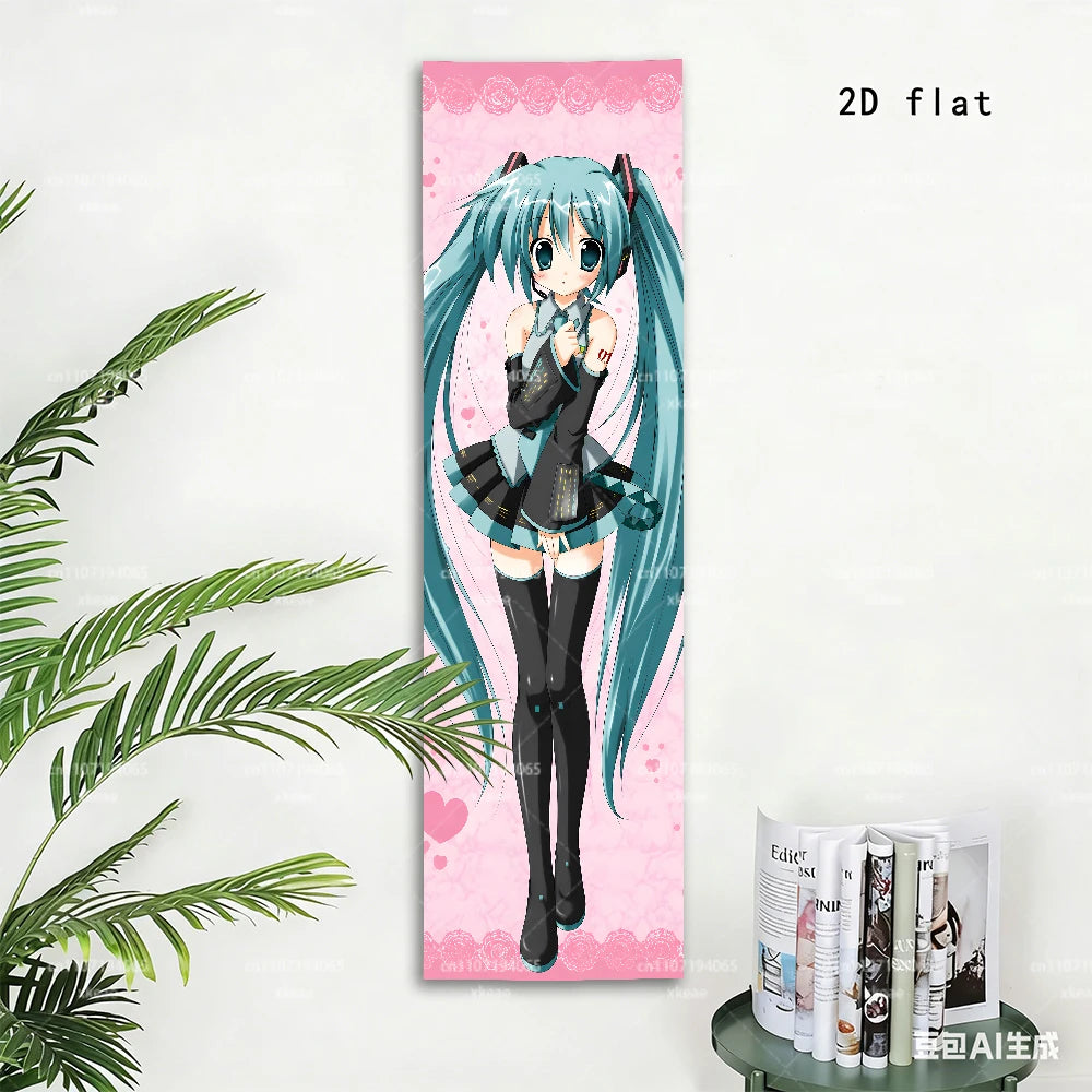 tapisserie verticale personnage animé miku cheveux longs vêtements noirs roses fond rose coeurs 150cm
