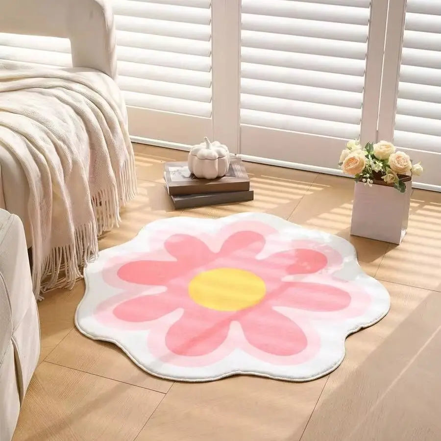 tapis fleur stylisé moderne rose blanc jaune antidérapant imperméable extérieur intérieur