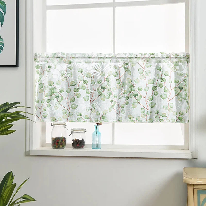 rideau moderne feuilles vertes fond blanc polyester translucide maison 80cm