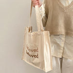 sac main toile brodée beloved lettres décontracté poignées détachables couleur beige marron bleu clair