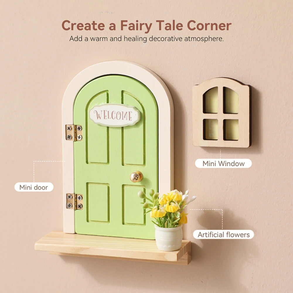 décoration intérieure porte fenêtre miniature adhésif maison poupée vert clair bois panel verticale bienvenue