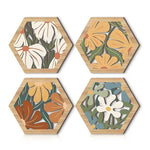 coasters hexagonaux bois naturel fleurs stylisées moderne adhésif double face blanc vert orange bleu