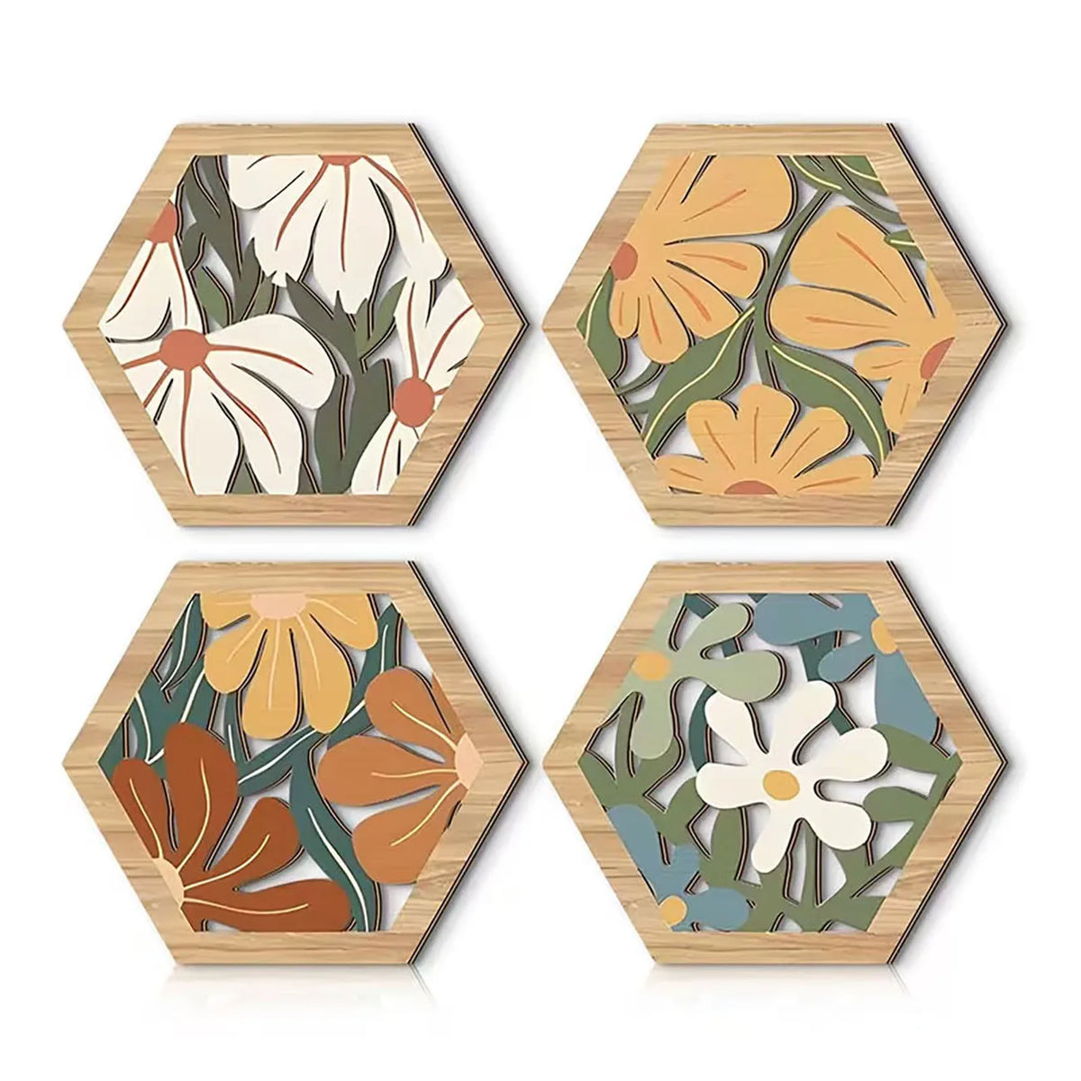 coasters hexagonaux bois naturel fleurs stylisées moderne adhésif double face blanc vert orange bleu