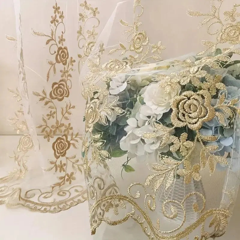 rideau transparent brodé rose doré élégant floral maison bureauextérieur tringle or polyester