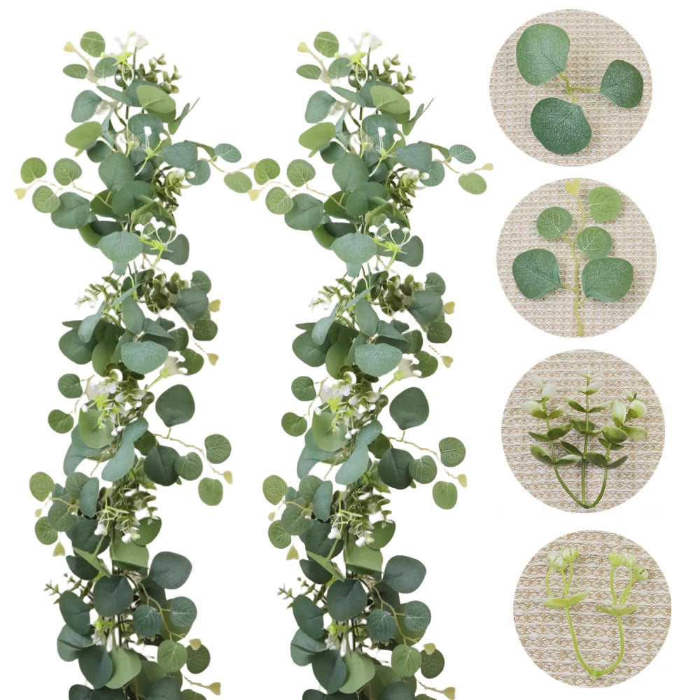 guirlande eucalyptus feuilles fleurs blanches vert marron decor boheme exterieur fixee structure métallique
