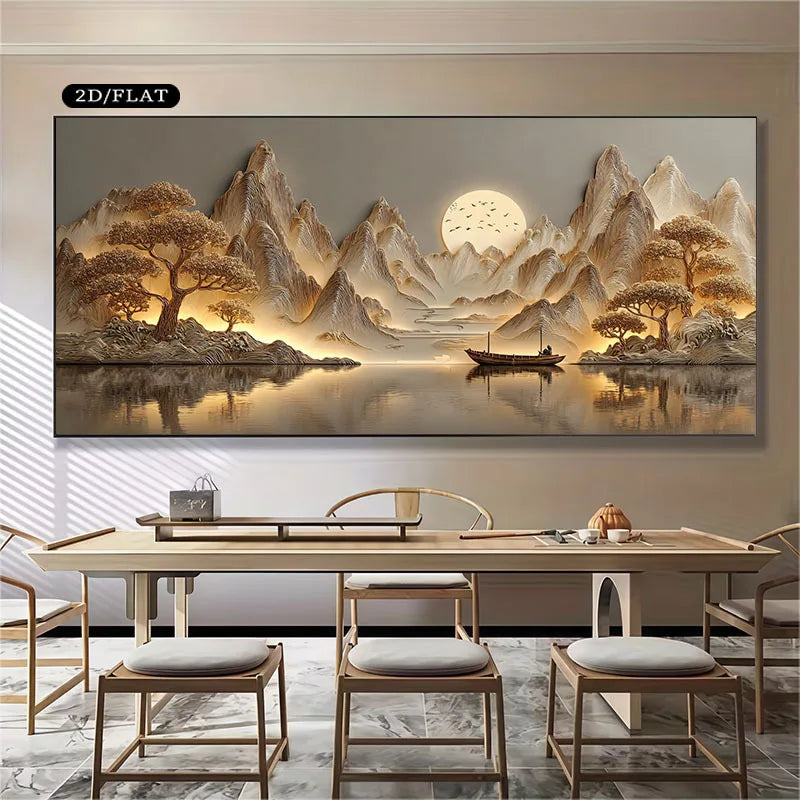 tableau classique paysager montagnes arbres lac bateau coucher soleil beige gris noir sans cadre
