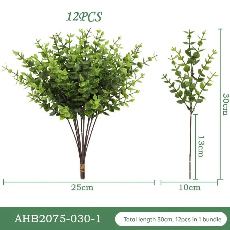 plantes artificielles eucalyptus vert feuilles rondes décoration maison rustique bohème pots blancs plateau naturelbranches