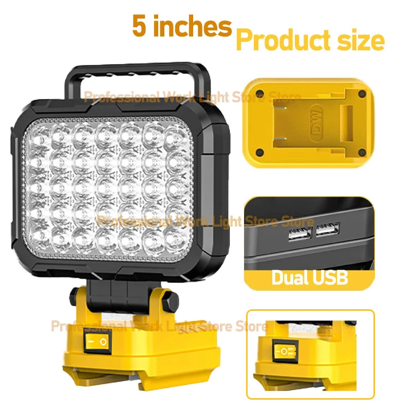 lampe travail led jaune moderne robuste interrupteur luminosité port usb poignée transport sans fil