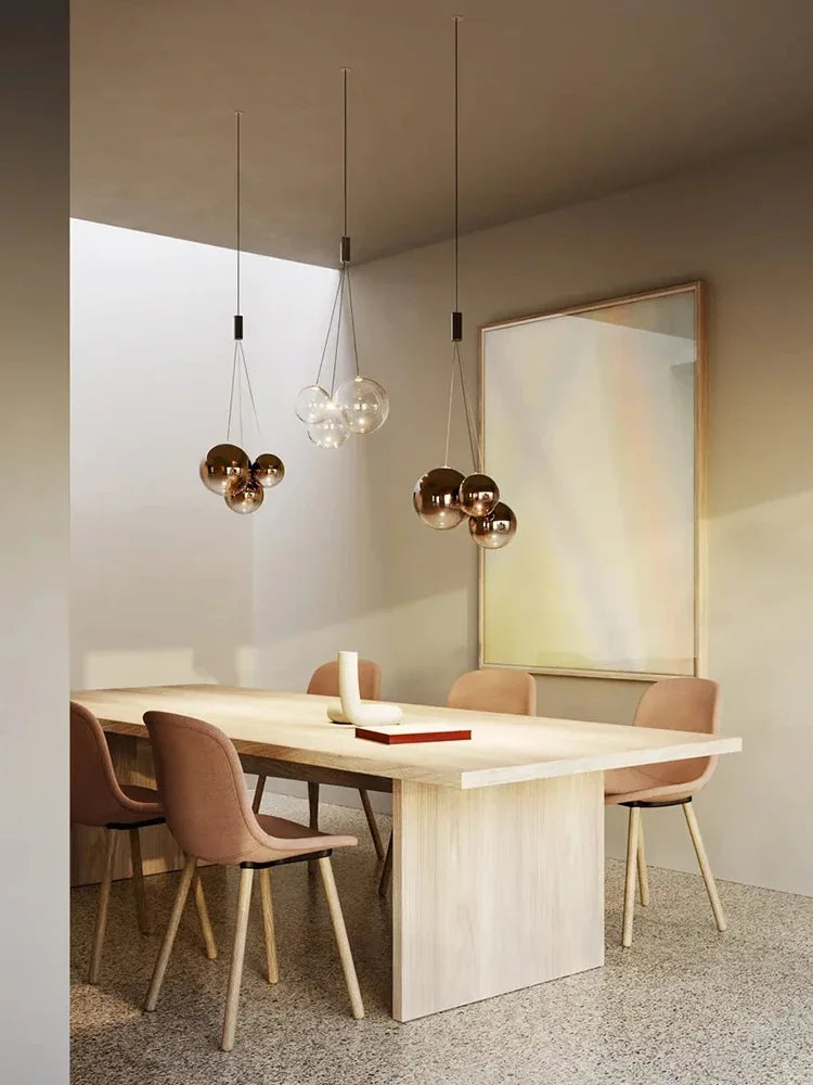 luminaire suspension pendentif boules verre doré transparent intérieur salon chambre decoration led neutre