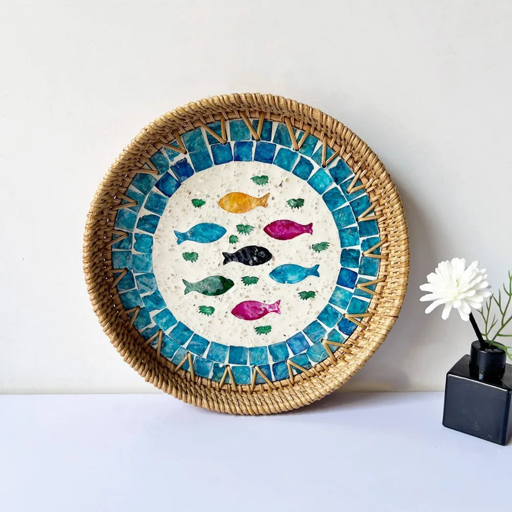 assiettes decoratives boho mosaïque coquillages naturel artisanal floral table mur decoration