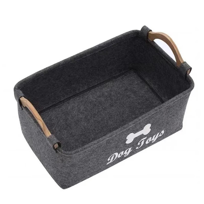 panier jouets chien feutre gris moderne poignées bois 38cm 25cm 18cm