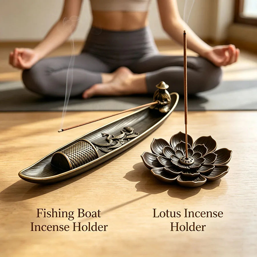 support encens bronze fleur lotus gravure poissons artisanal traditionnel