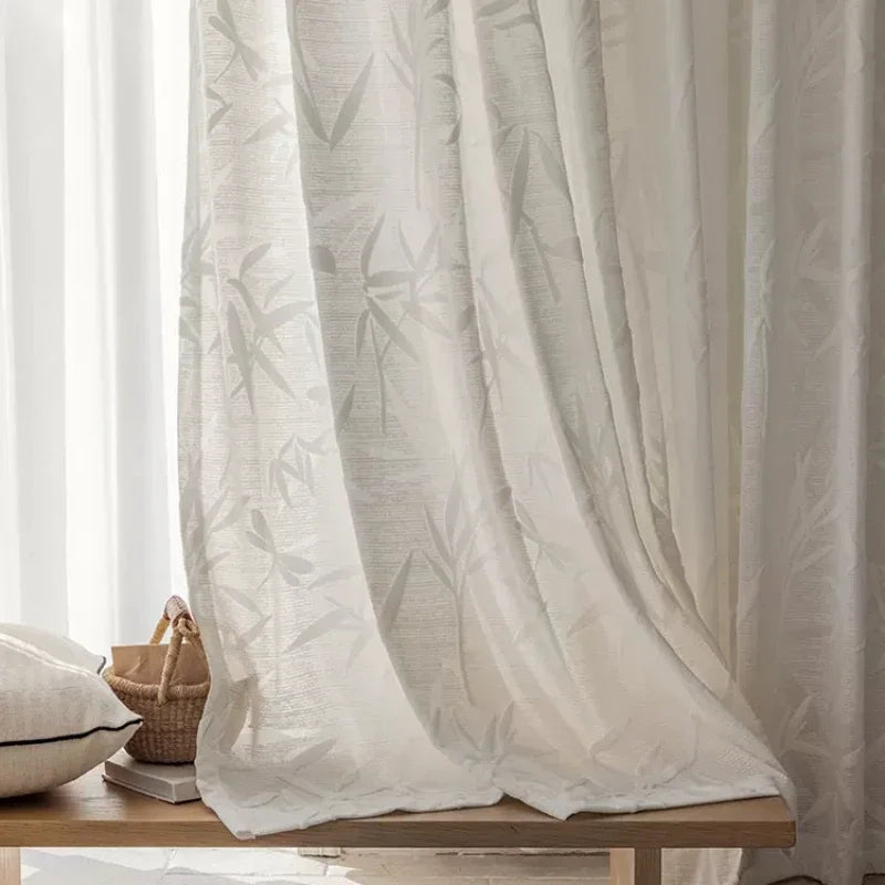 rideau blanc moderne motif feuilles bambou translucide salon chambre fenêtre maison luxe