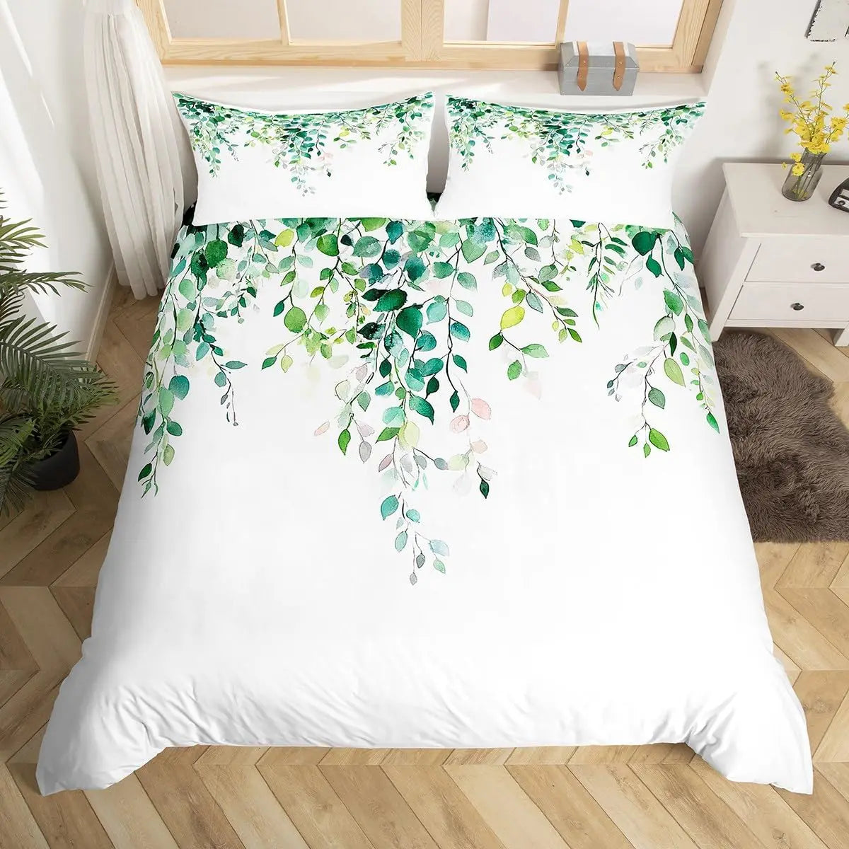 Détail de l'impression 3D des feuilles d'eucalyptus sur la housse de couette