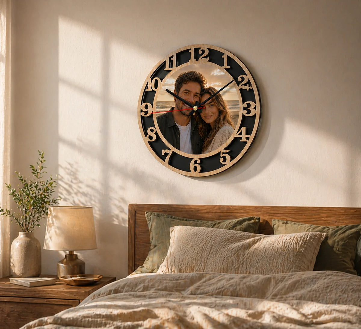 horloge murale personnalisable photo aiguille silencieuse bois acrylique décoration maison quartz UV haute définition