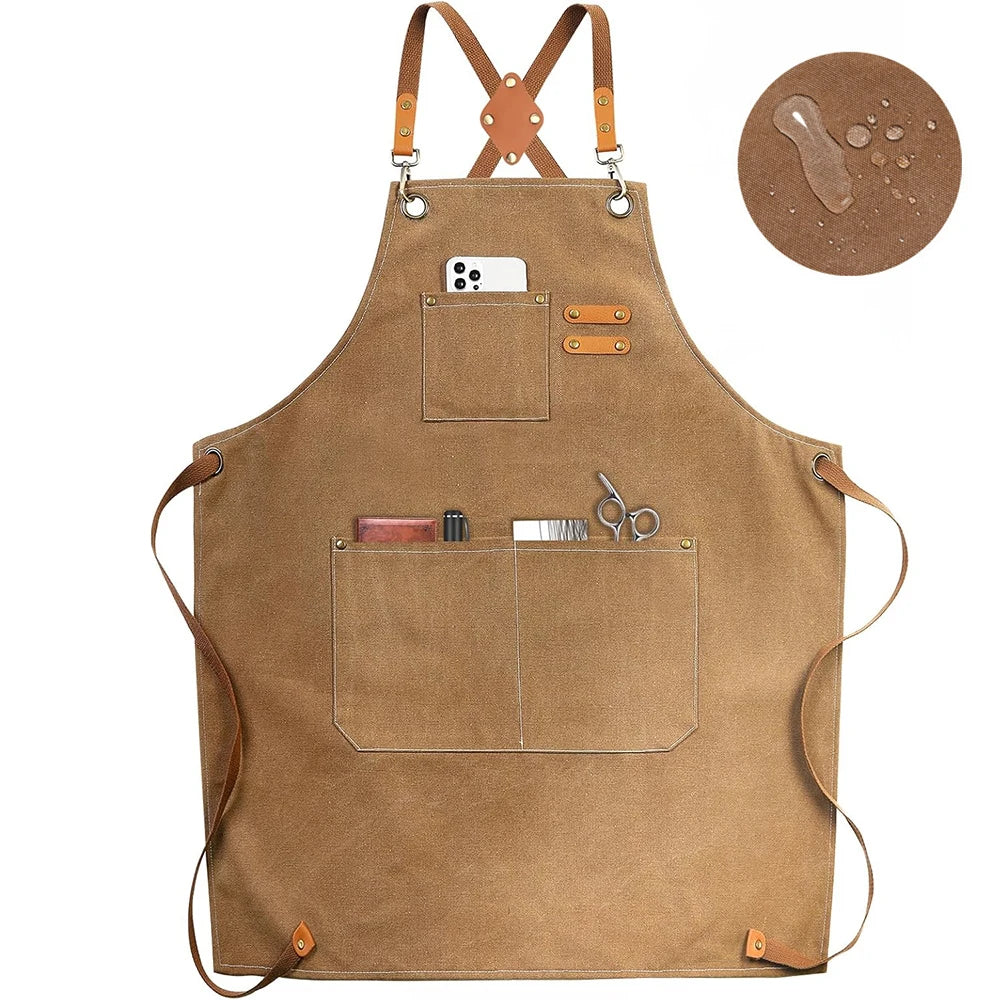 tablier marron toile coton vintage poches avant ajustement boucles métalliques utilitaire cuisine