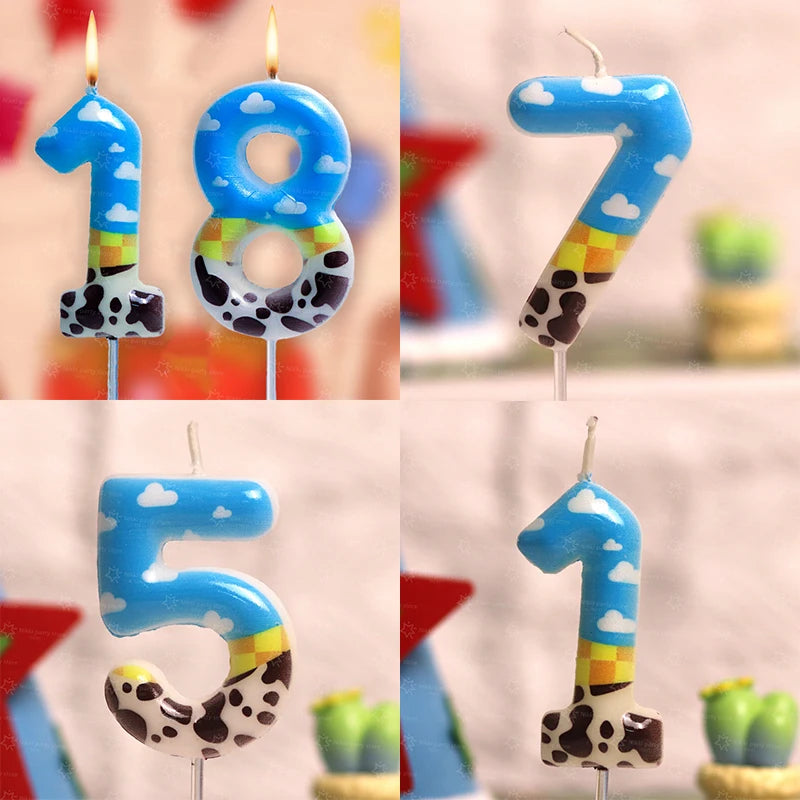 bougies anniversaire forme chiffres bleu nuages décoratives thème enfant toystory pique bois multicolore