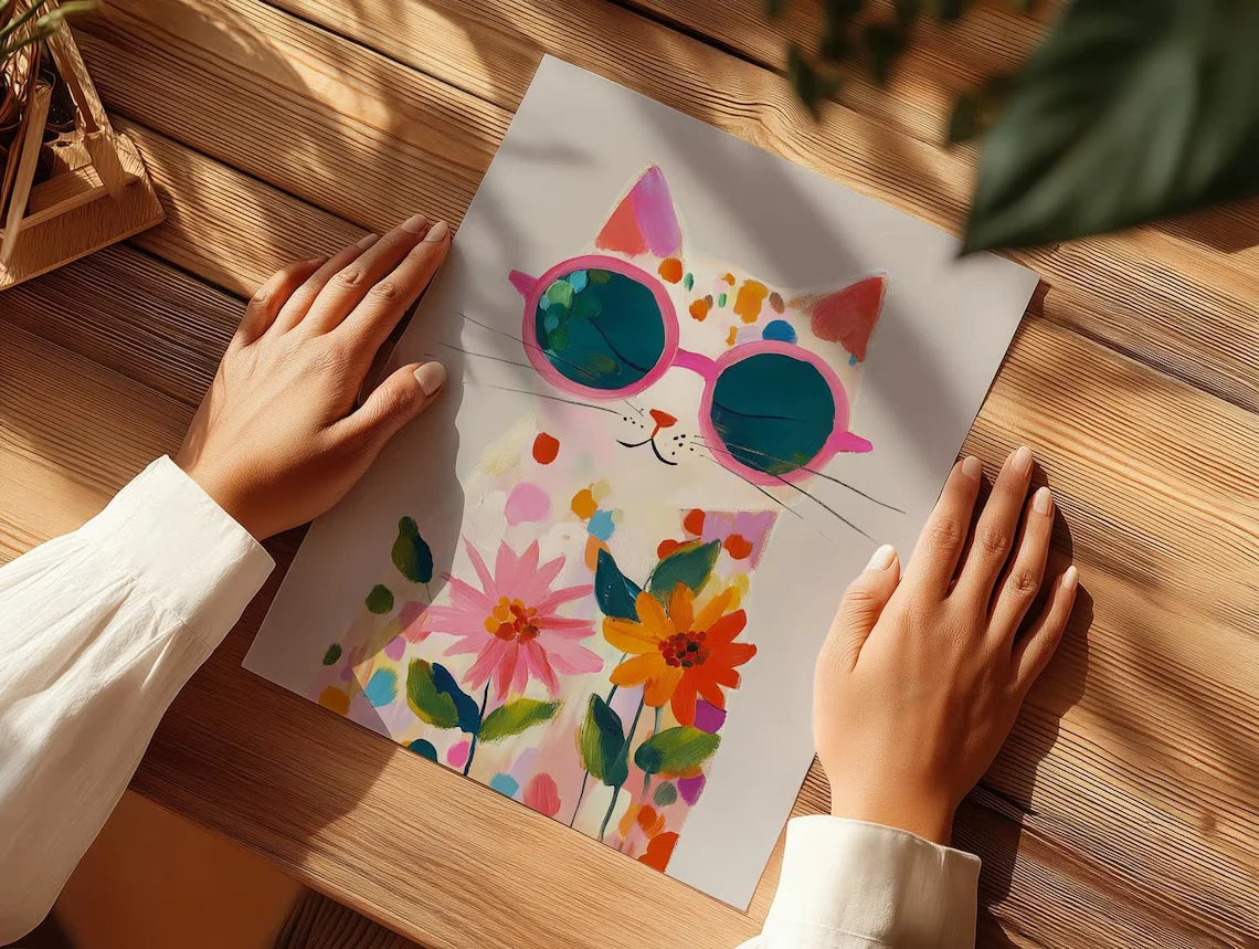 affiche murale chat lunettes fleurs colorée moderne blanche rose bleue verte orange jaune rougeviolette
