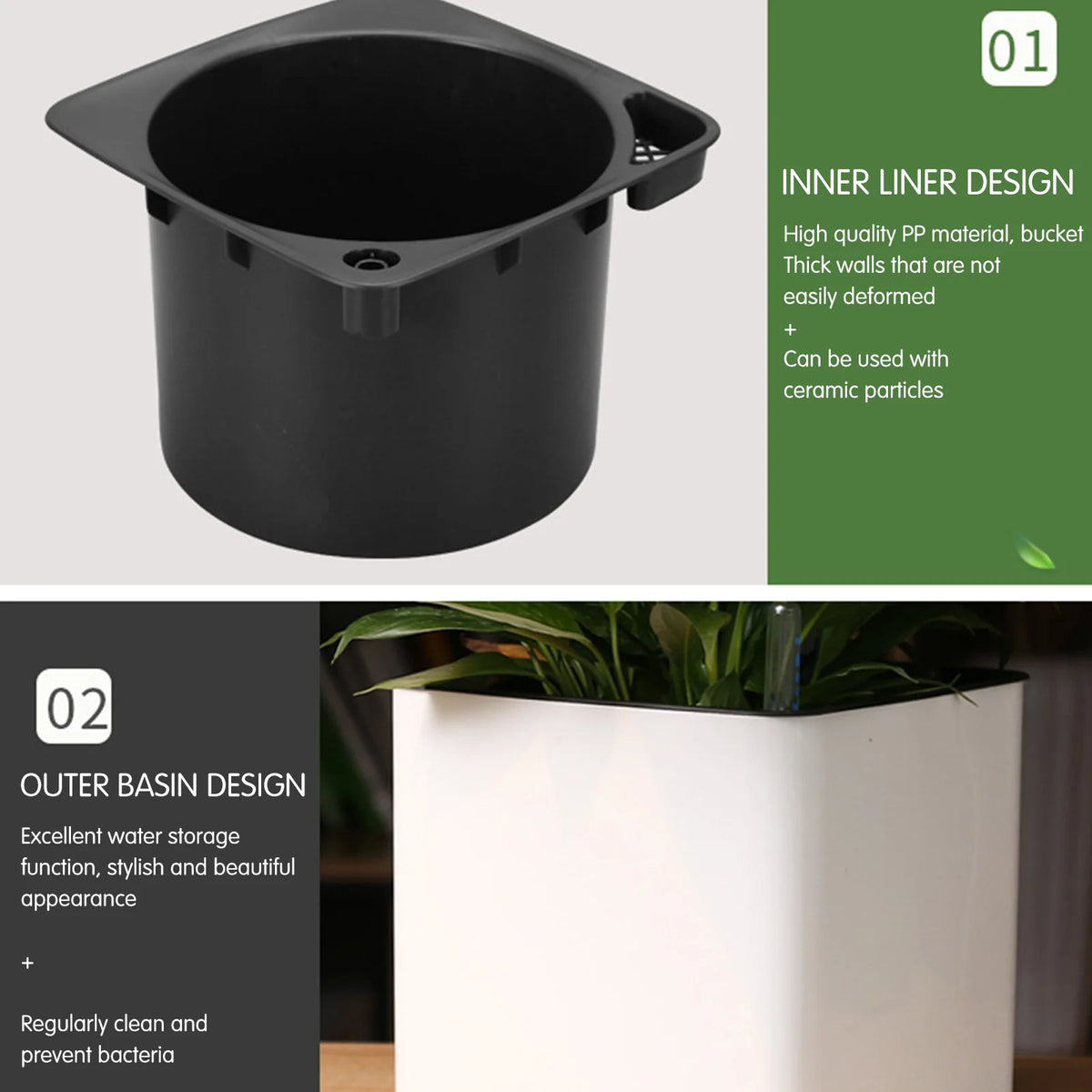 pot auto irriguant moderne indicateur eau fleur plante verte corde coton absorbant blanc opacité