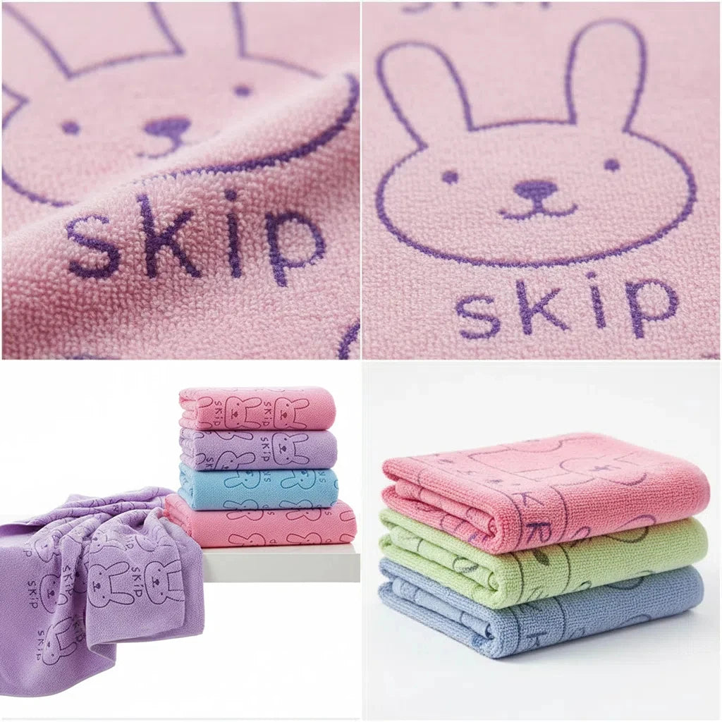 serviette bain polyester rapide motif lapins mignons couleurs violet rose vert bleu doux moderne